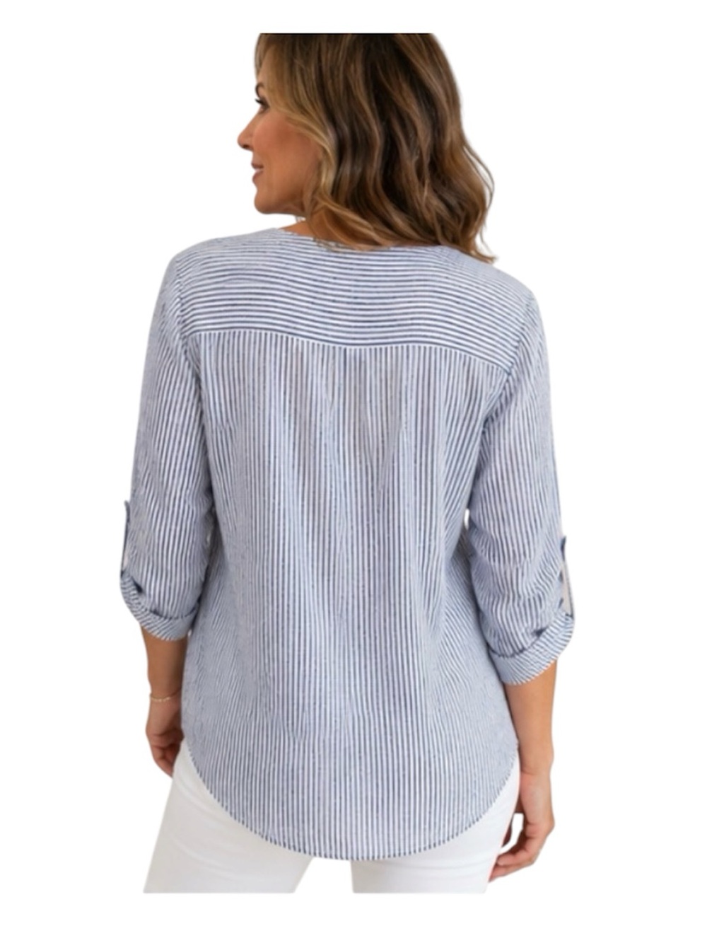 ELLEN TRACY XL 100% LINEN BLUE AND WHITE STRIPED TUNIC GOLD ZIP COASTAL Y2K TOP - Picture 2 of 12